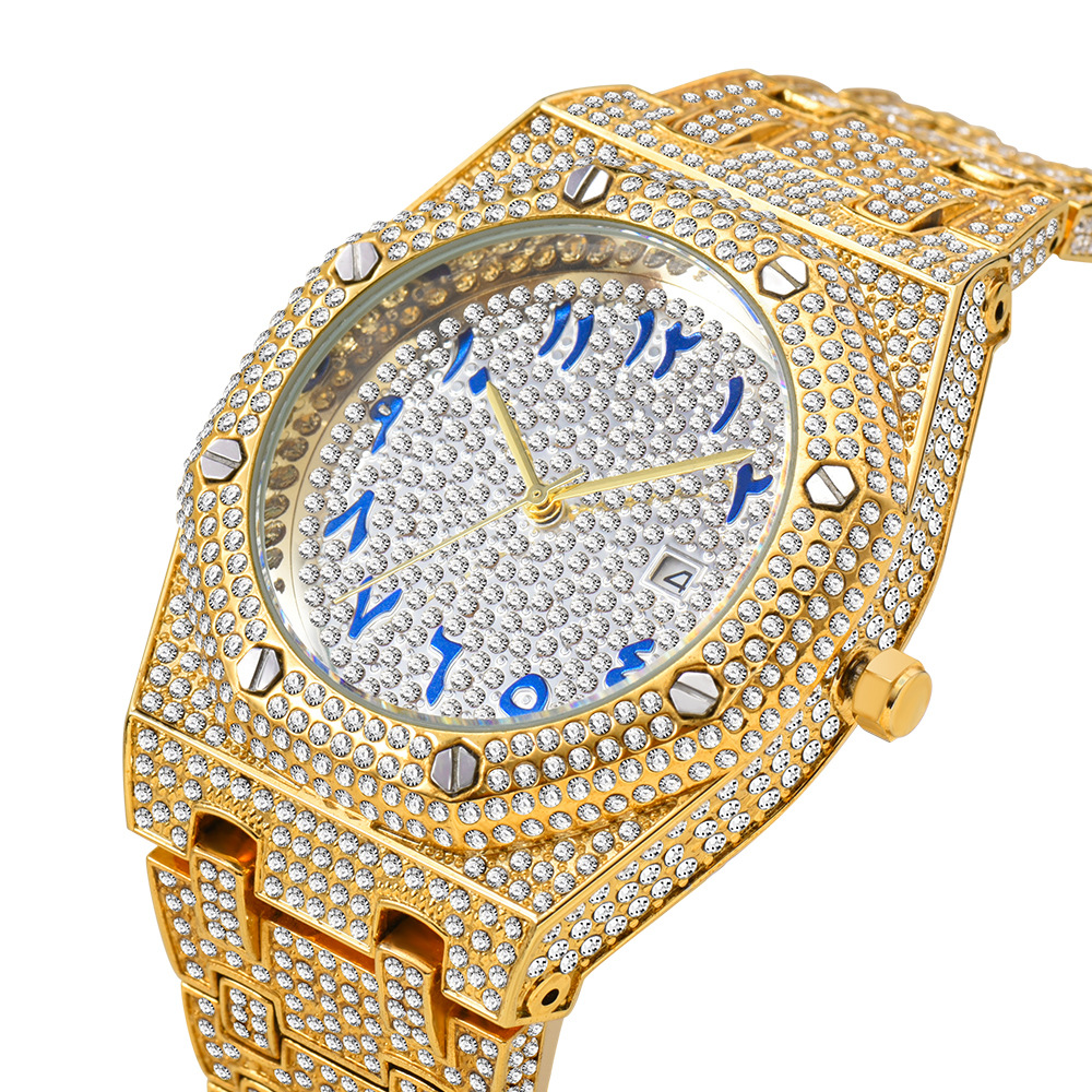 Bubble Letter BUST DOWN DATE ARABIC NUMERALS VVS ICE OUT DIAMOND WATCH