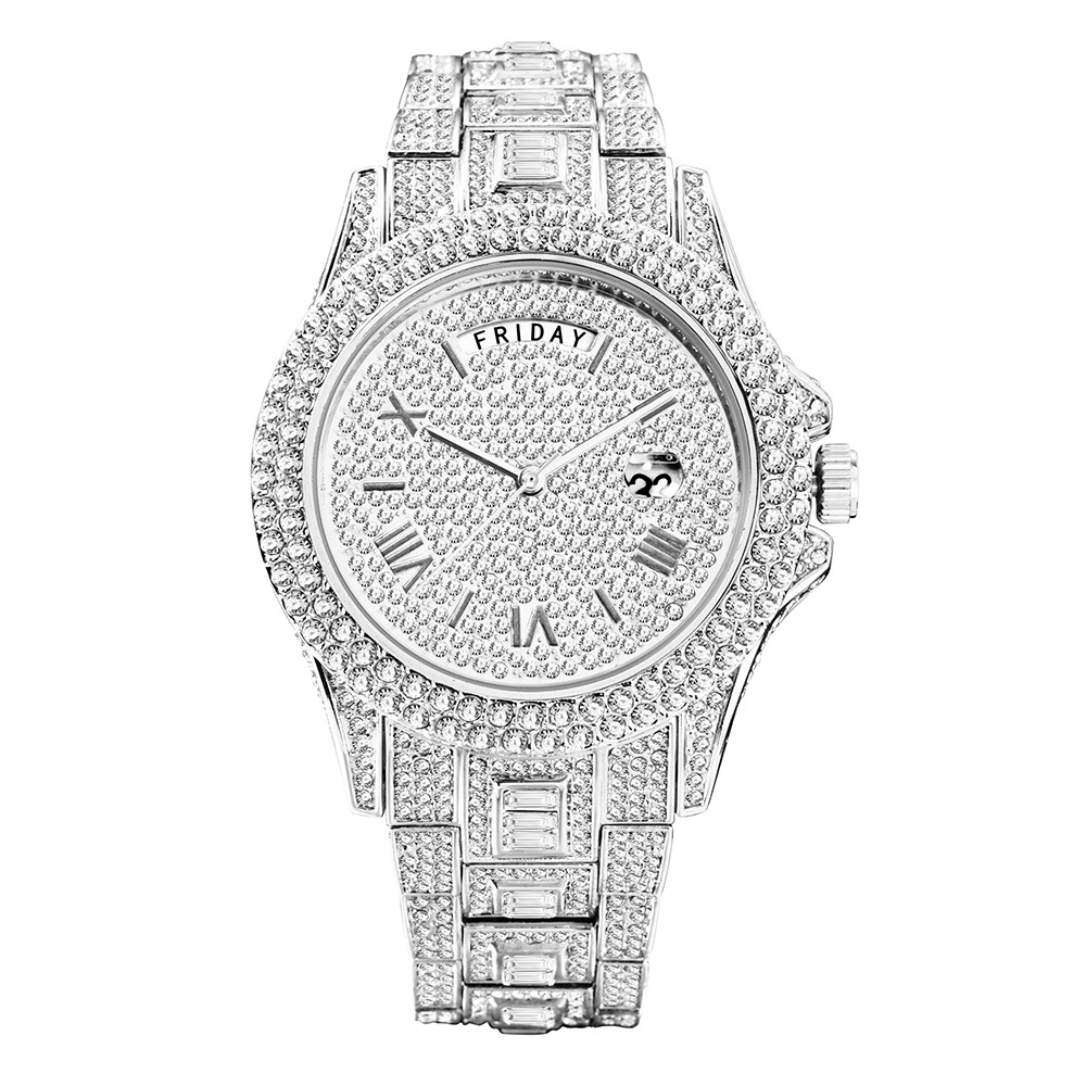 Bubble Letter DAY DATE ROMAN NUMERALS VVS ICED OUT DIAMOND WATCH