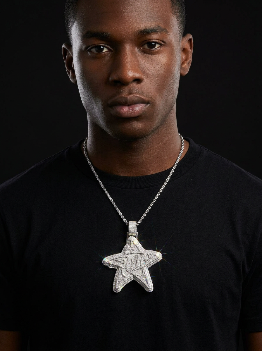 Bubble Letter Iced Out Super Big Star Necklace Pendant for Men Real Gold Plated Cubic Zirconia Hip Hop Jewelry