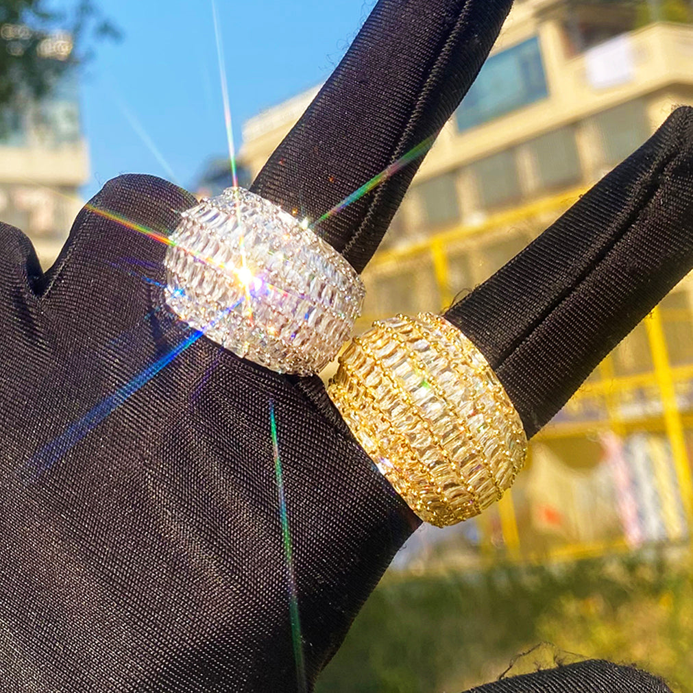 Bubble Letter Iced Out Baguette Ring for Men 5A Cubic Zirconia Real Gold Plated Hip Hop Jewelry