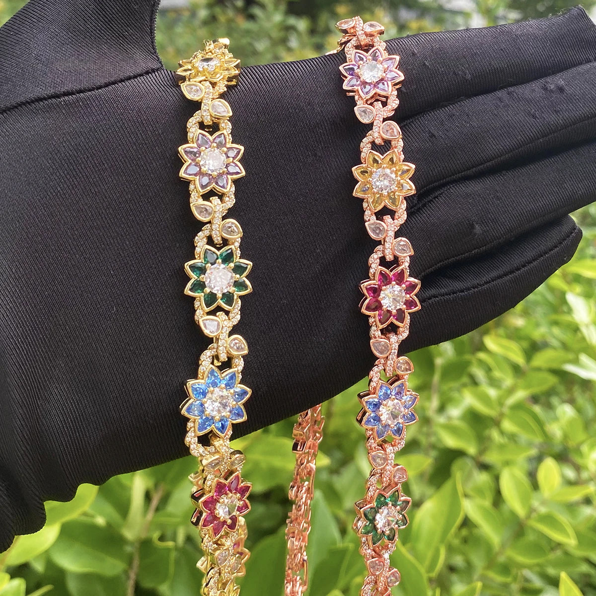 Bubble Letter Iced Out Colorful Flower leaves Necklace Choker for Women Prong Setting Real Gold Plated Hip Hop Jewelry
