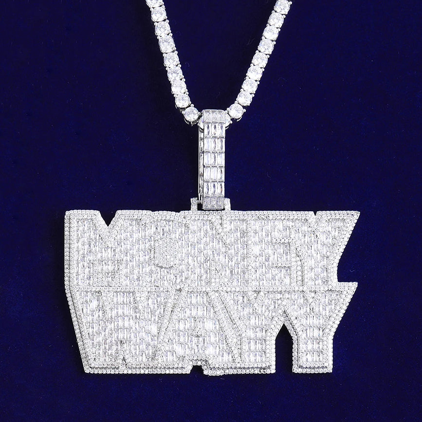 Bubble Letter Iced Out Money Wayy Necklace Pendant for Men Prong Setting Real Gold Plated Hip Hop Jewelry