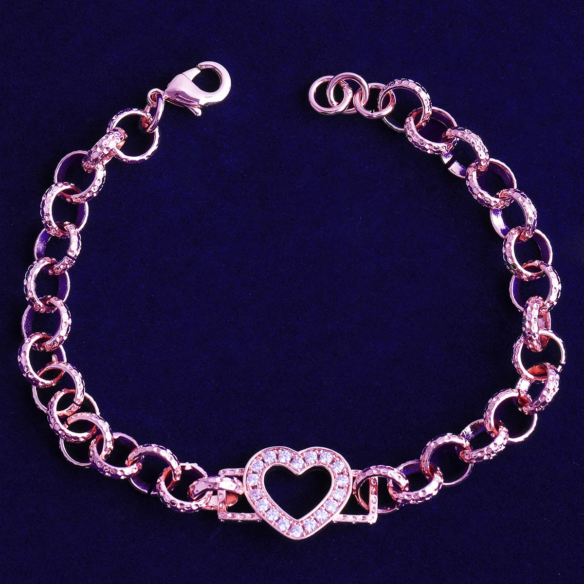 Bubble Letter Iced Out Ring Link Bracelet Heart for Women Real Gold Plated 5A Grade Hip Hop Jewelry