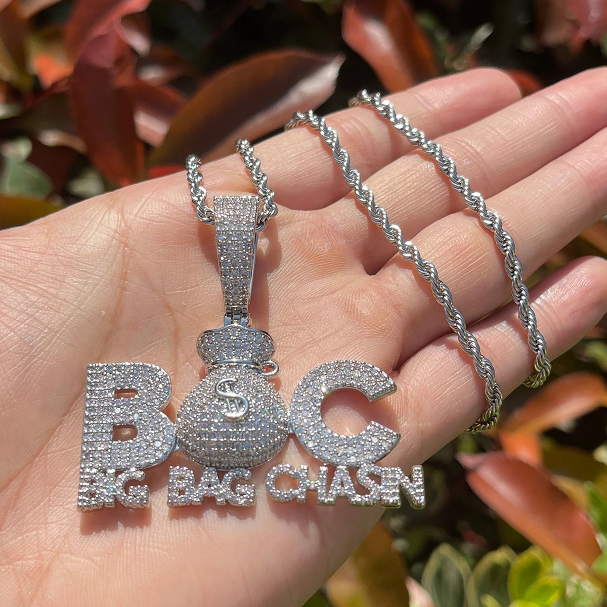 Bubble Letter Prong Necklace for Men Iced Out Pendant Big Bag Chase Charms Hip Hop Jewelry