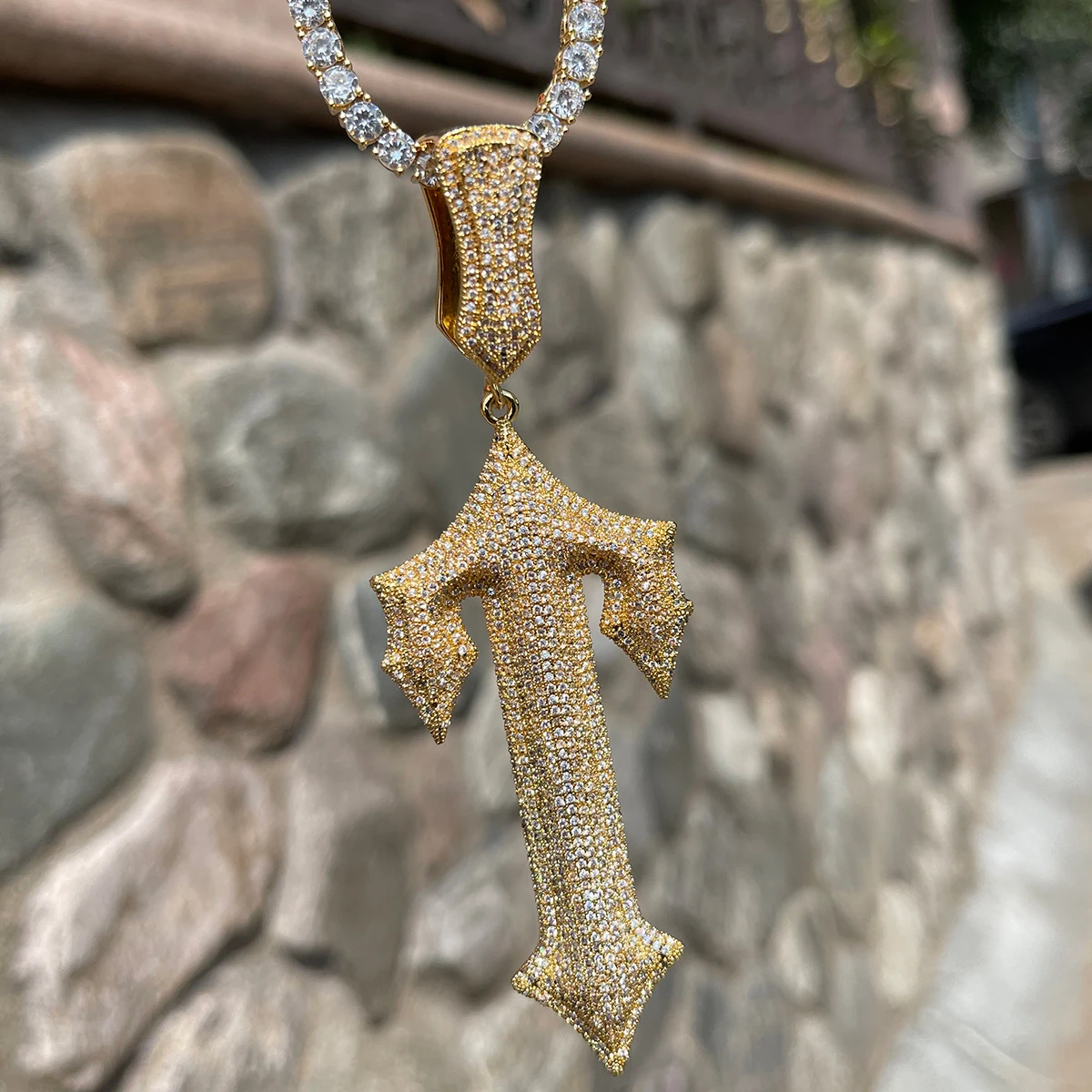 Bubble Letter Iced Out Pendant Prong Setting Trap Rapper Star Necklace for Men Real Gold Plated Solid Back Rock Street Jewelry