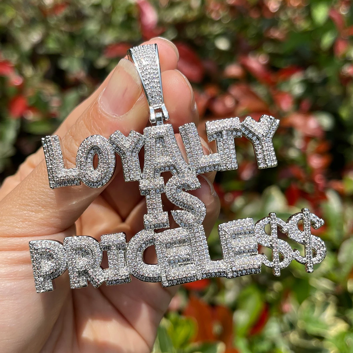 Bubble Letter Prong Setting Necklace for Men Iced Out Loyalty Is Priceless Pendant Hip Hop Jewelry