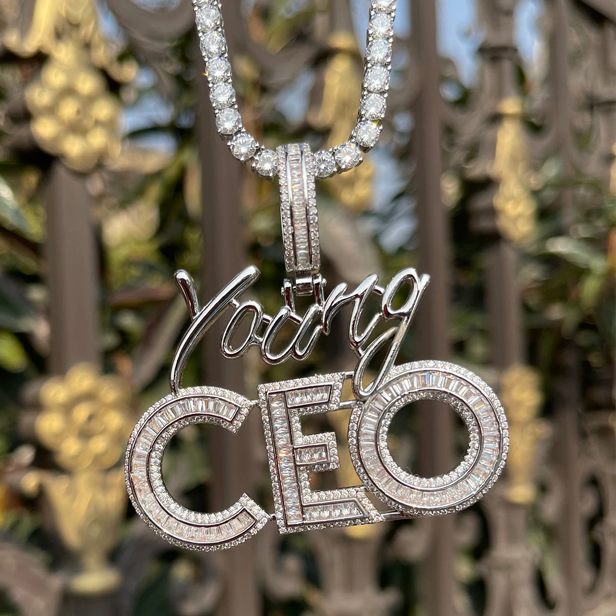 Bubble Letter Iced Out Young CEO Necklace for Men High Quality 5A Cubic Zirconia Real Gold Plated Hip Hop Jewelry