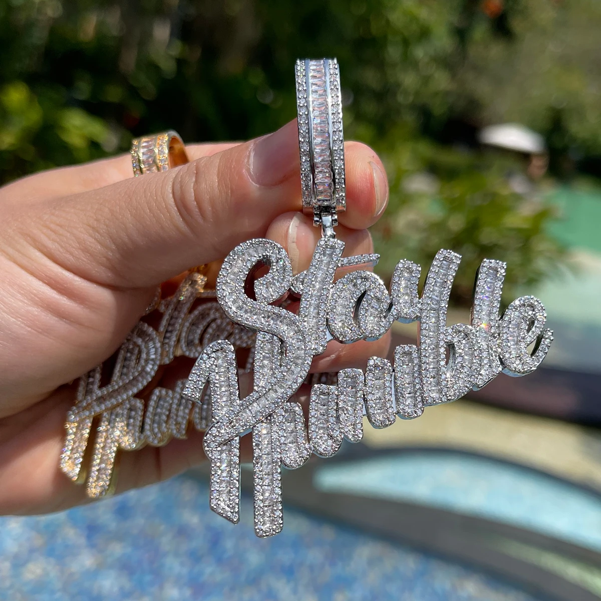 Bubble Letter Stay Humble Necklace for Men Iced Out Pendant Real Gold Plated Cubic Zirconia Hip Hop Jewelry