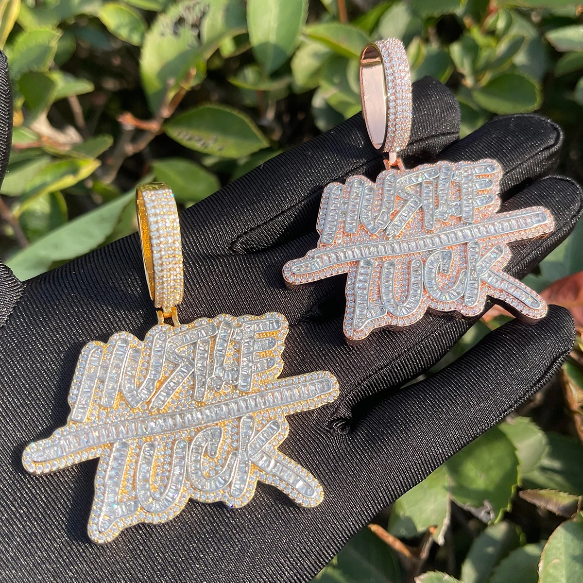 Bubble Letter Iced Out Hustle Luck Necklace Pendant for Men Real Gold Plated Cubic Zirconia Hip Hop Jewelry