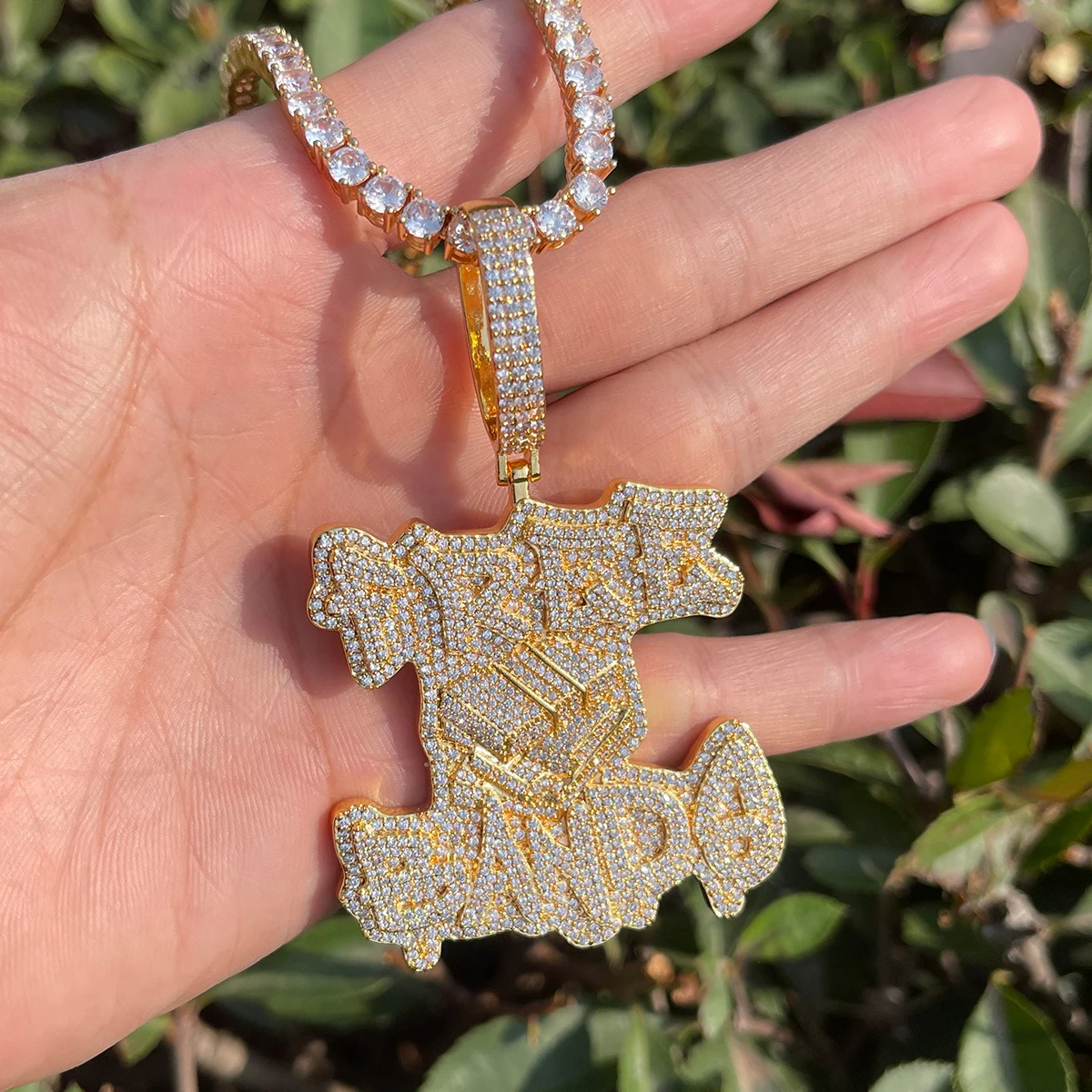 Bubble Letter Iced Out Free Bands Necklace Pendant for Men Real Gold Plated Cubic Zirconia Hip Hop Jewelry