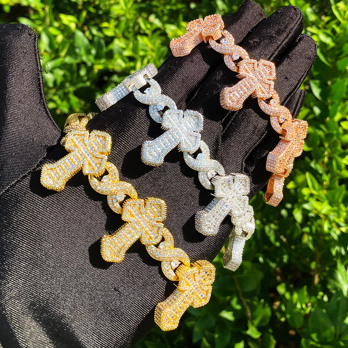 Bubble Letter Iced Out Cross Infinity Bracelet for Men 5A Cubic Zirconia Gold Plated Hip Hop Jewelry