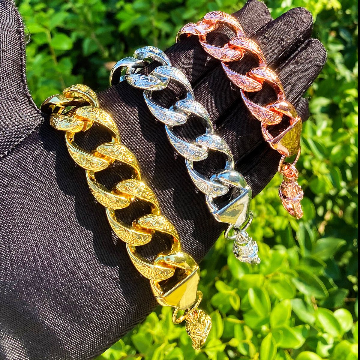 Bubble Letter Patterned Rounded Link Bracelet for Men Real Copper Gold Plated Hip Hop Jewelry