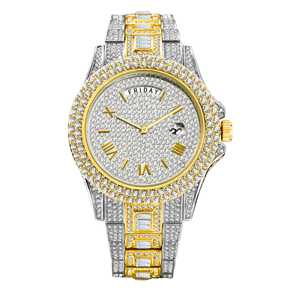 Bubble Letter DAY DATE ROMAN NUMERALS VVS ICED OUT DIAMOND WATCH