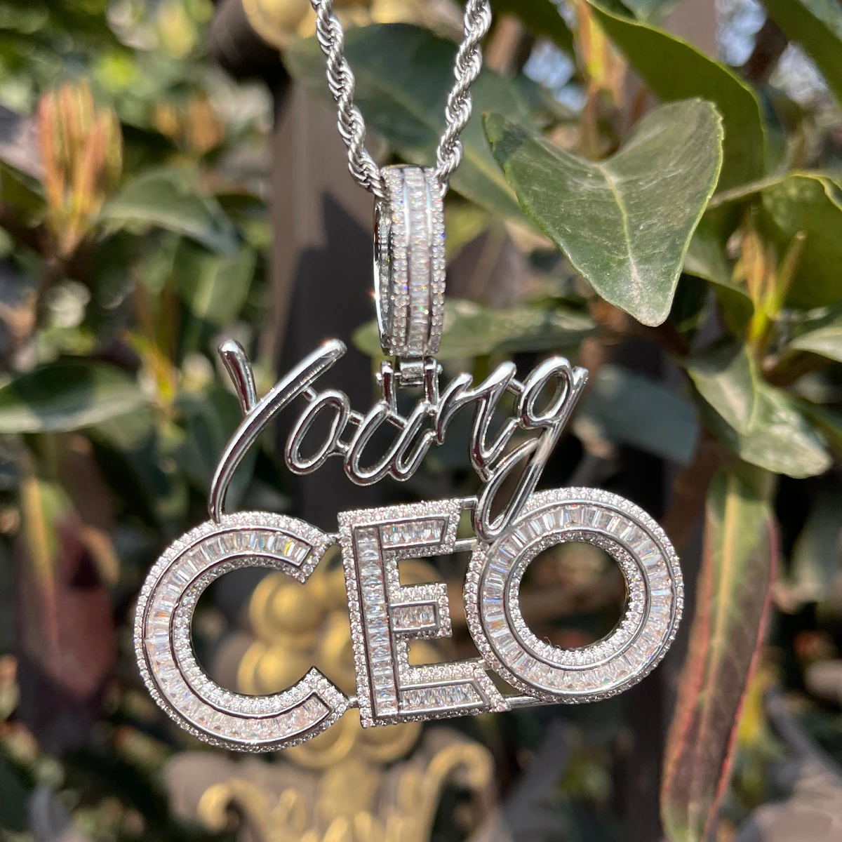 Bubble Letter Iced Out Young CEO Necklace for Men High Quality 5A Cubic Zirconia Real Gold Plated Hip Hop Jewelry