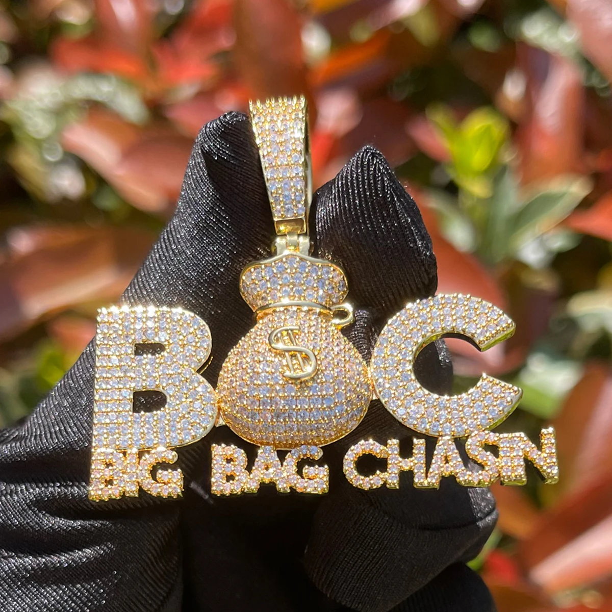 Bubble Letter Prong Necklace for Men Iced Out Pendant Big Bag Chase Charms Hip Hop Jewelry