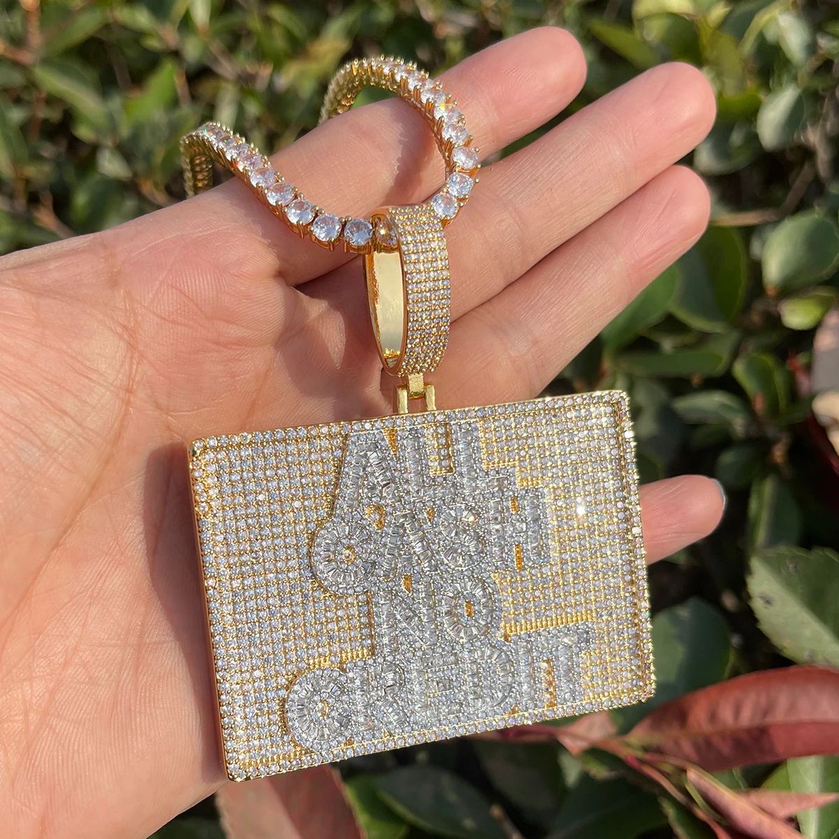 Bubble Letter Iced Out All Cash No Credit Necklace Pendant for Men Real Gold Plated Hip Hop Jewelry