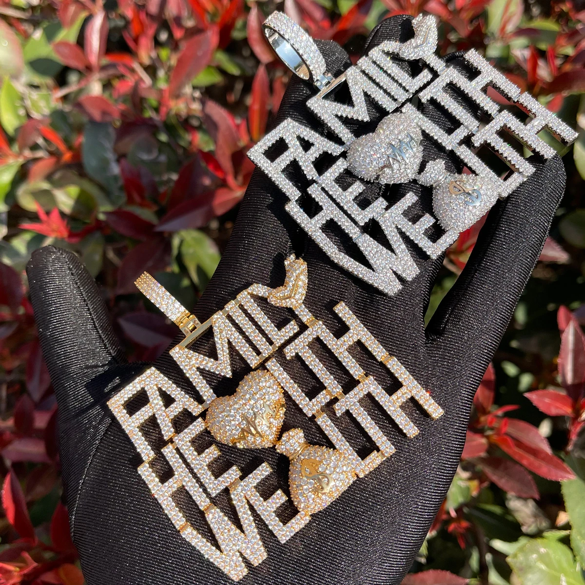 Bubble Letter Iced Out Pendant Family Health Wealth Necklace for Men Prong Setting Hip Hop Jewelry