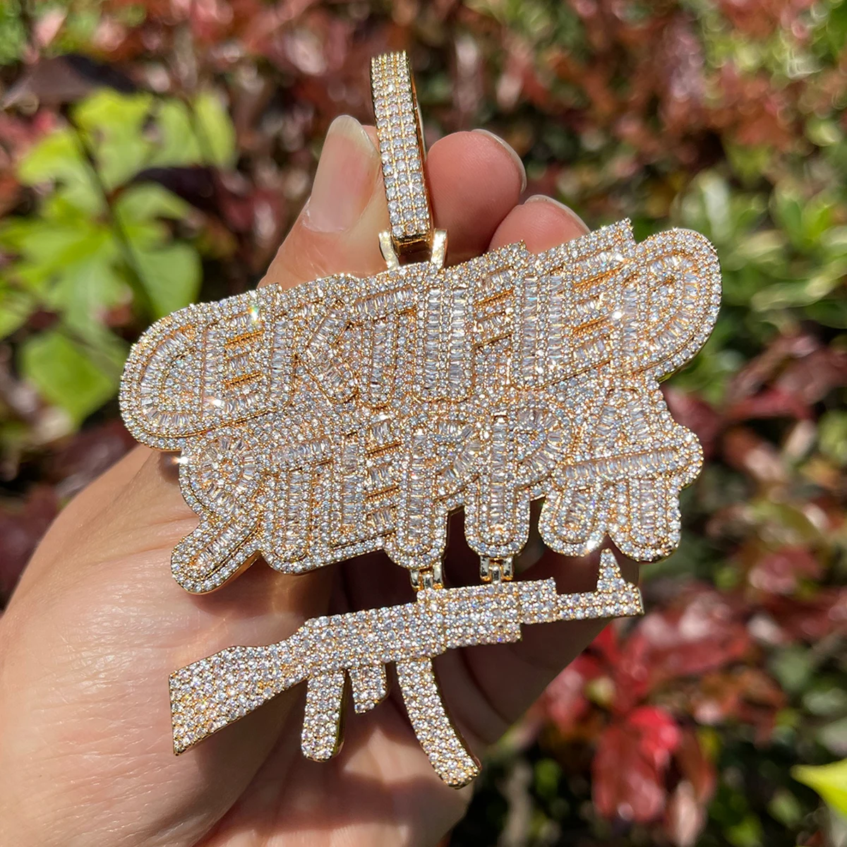 Bubble Letter Certified Steppa Gun Necklace for Men Iced Out Pendant Real Gold Plated Cubic Zirconia Hip Hop Jewelry