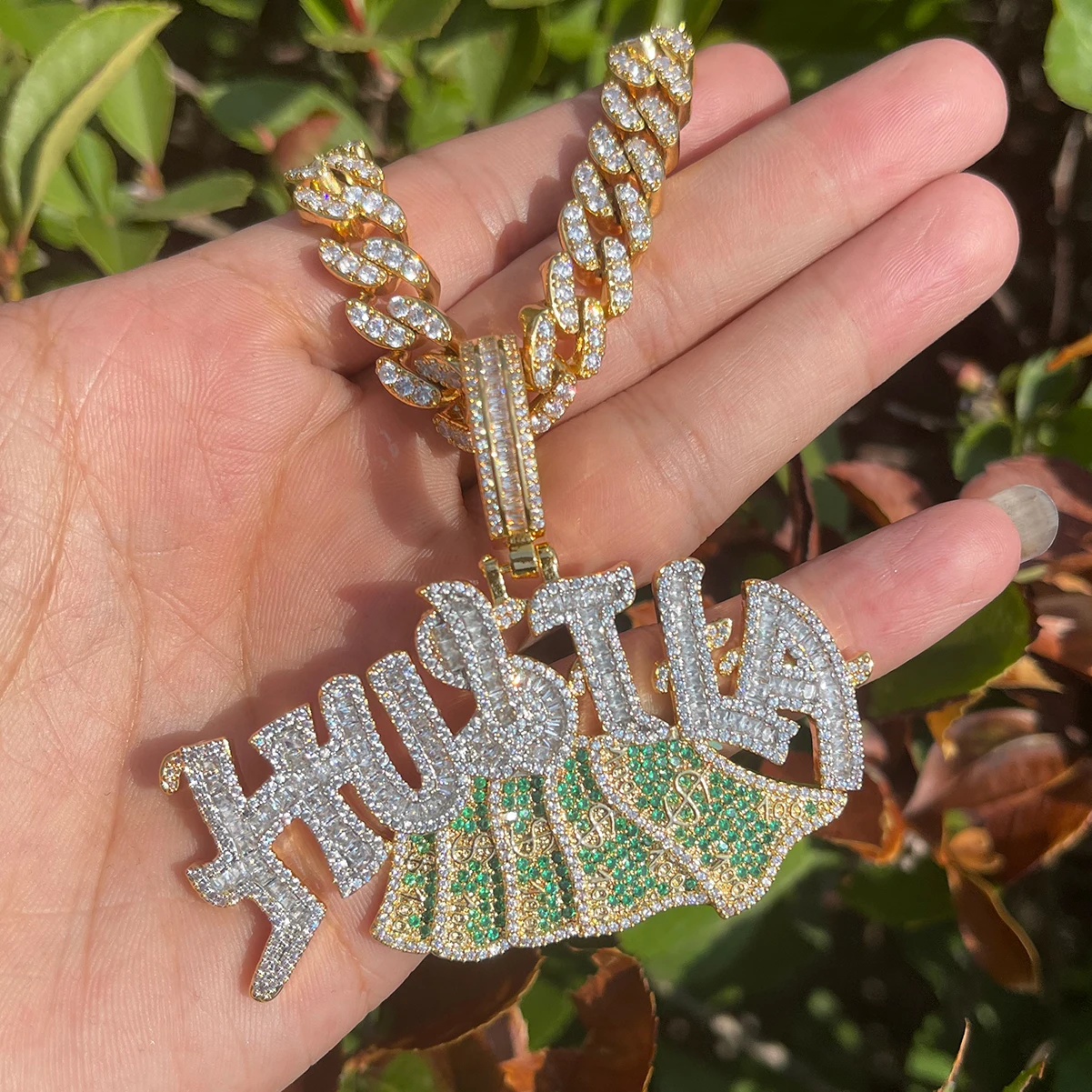 Bubble Letter Iced Out Necklace for Men Hustle US Dollar Pendant Prong Setting Real Gold Plated Hip Hop Jewelry