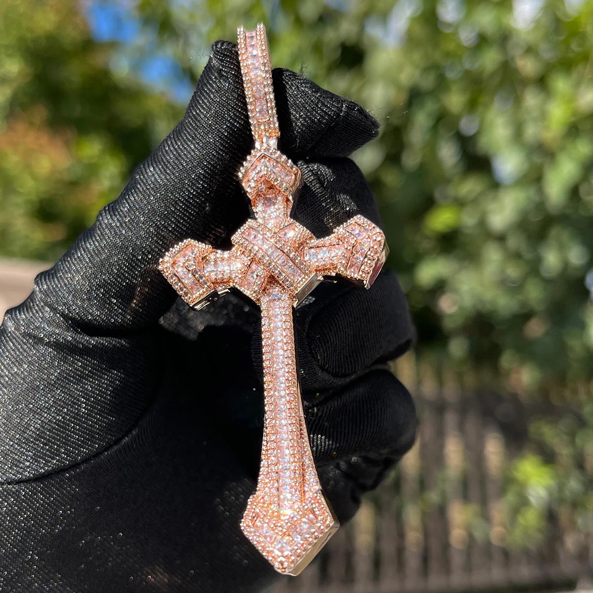 Bubble Letter Iced Out Cross Necklace for Men Baguette Pendant Prong Setting Real Gold Plated Copper Material Hip Hop Jewelry