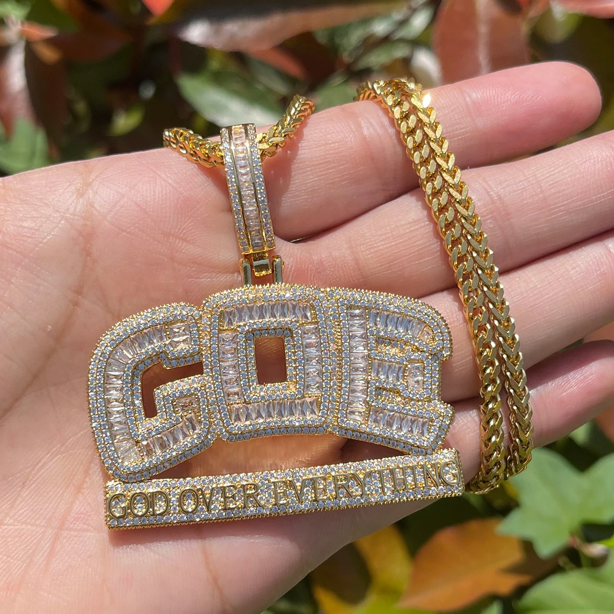 Bubble Letter Iced Out Necklace for Men God Over Everything Pendant Double Color Hip Hop Jewelry