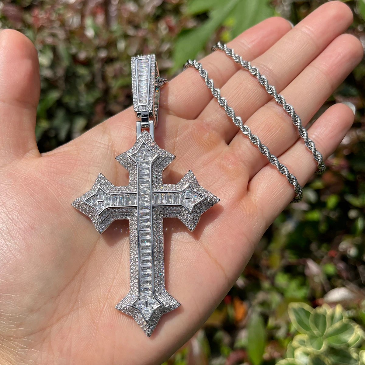 Bubble Letter Iced Out Cross Necklace for Men Prong Setting Real Copper Cubic Zirconia Hip Hop Jewelry Dropshipping Items