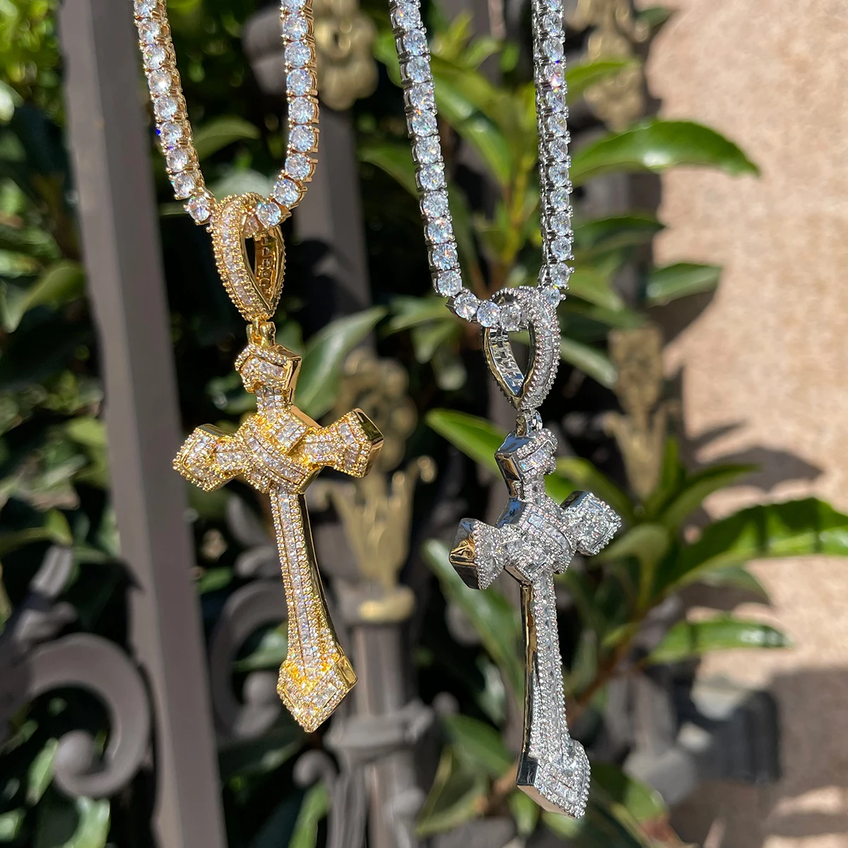 Bubble Letter Iced Out Cross Necklace for Men Baguette Pendant Prong Setting Real Gold Plated Copper Material Hip Hop Jewelry