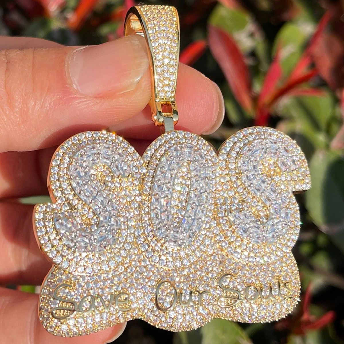 Bubble Letter Save Our Soul Pendant Iced Out Necklace for Men Prong Setting Real Copper Cubic Zirconia Hip Hop Jewelry