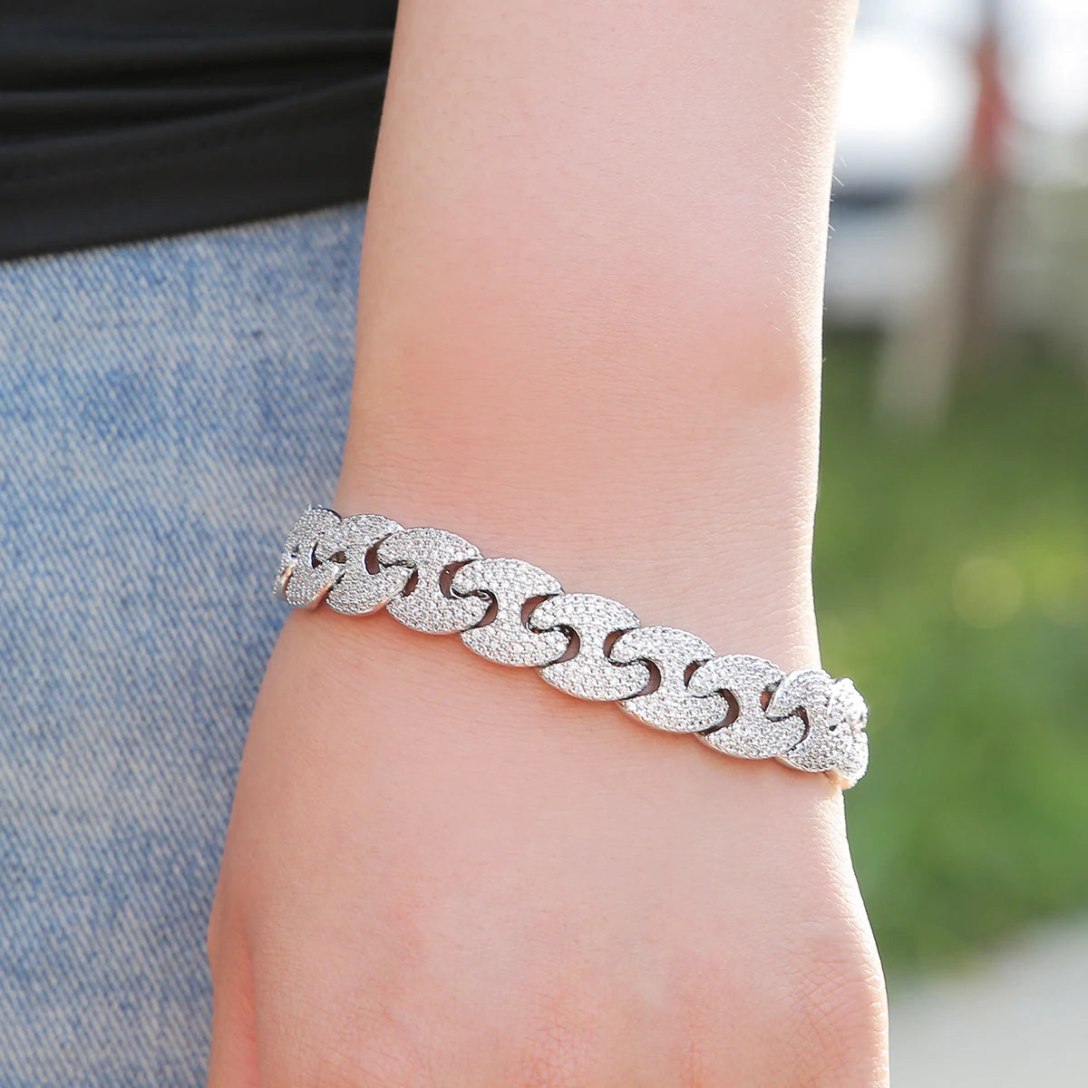 Solid Back Bracelet Silver Color Copper Material Men's Hip Hop Jewelry