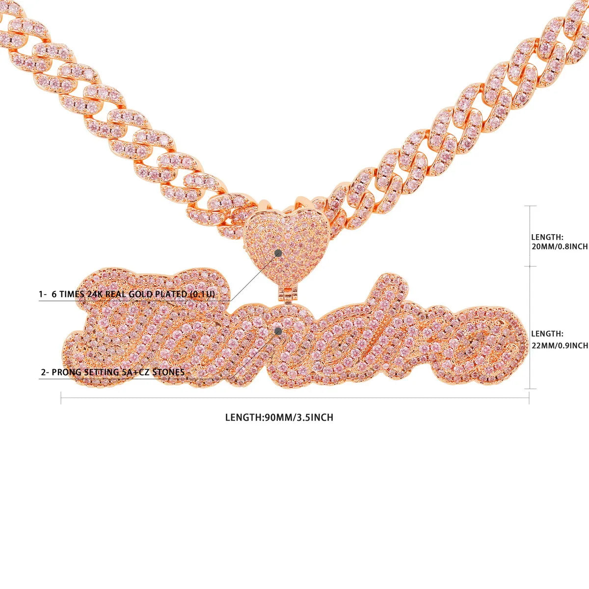 Bubble Letter Iced Custom Name Pendant Rose Gold Color Pink Stone Women Hip Hop Jewelry