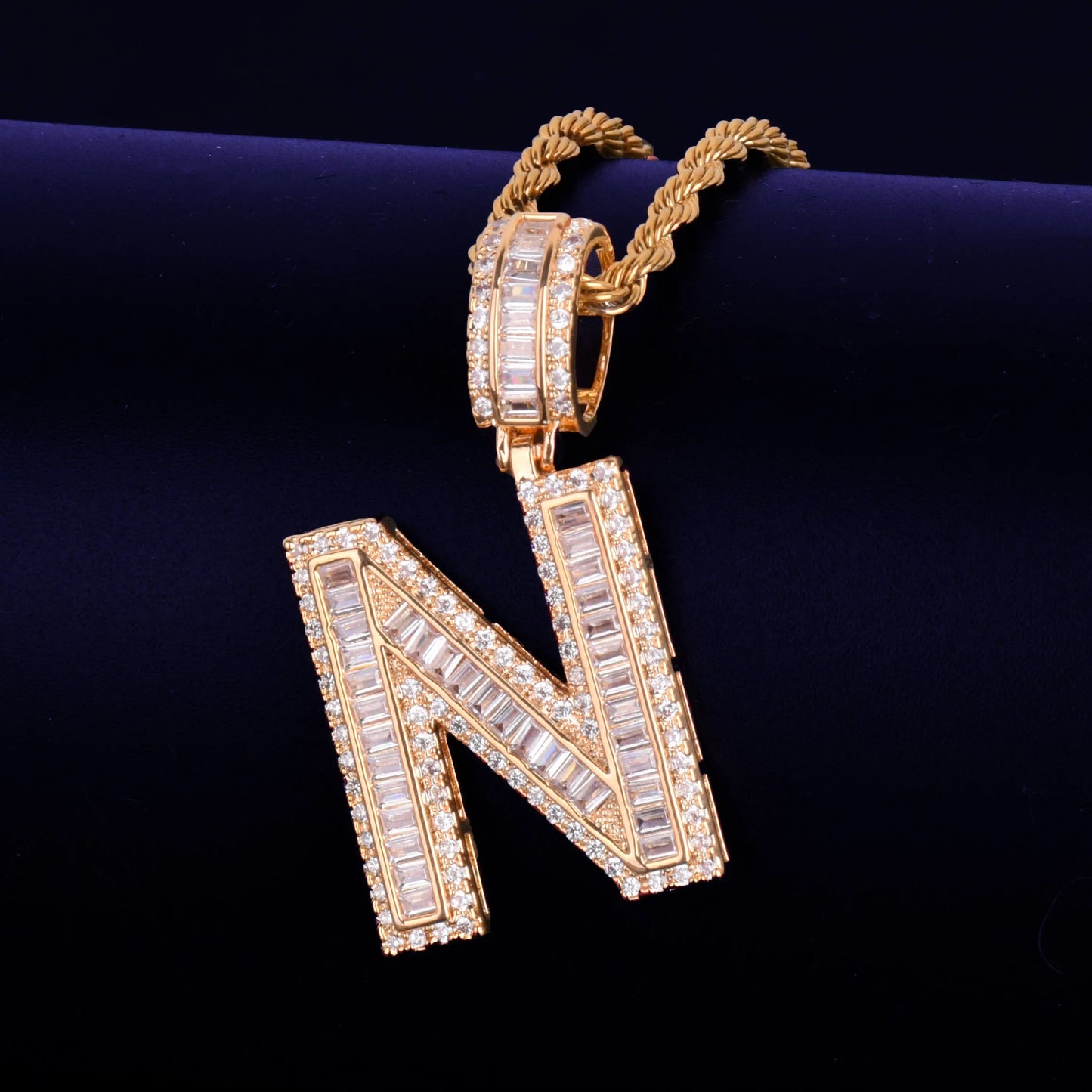 Gold Color Baguette Initials Letters Pendant Necklace Chain Charm Bling AAA Zirconia Men's Rock Jewelry A-Z