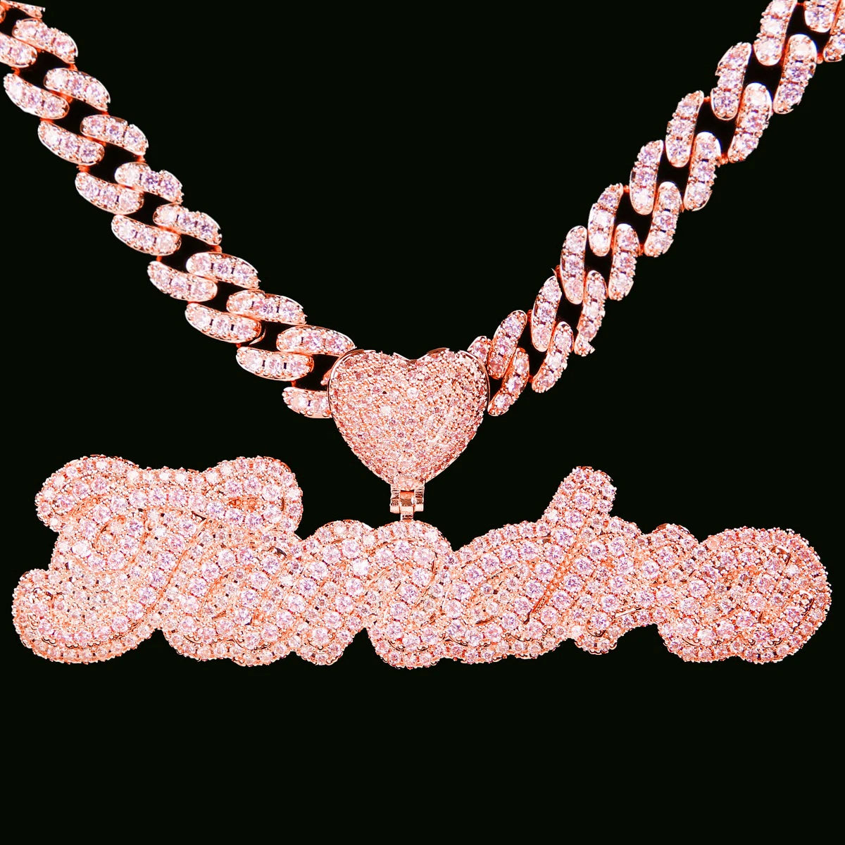 Bubble Letter Iced Custom Name Pendant Rose Gold Color Pink Stone Women Hip Hop Jewelry
