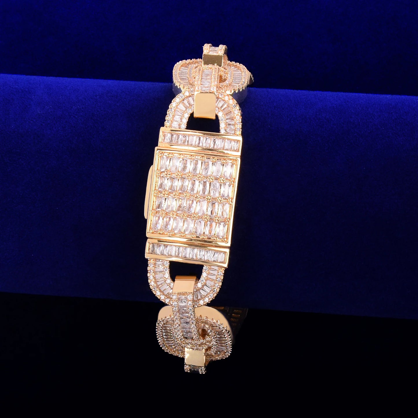 Baguette Zirconia Cuban Bracelet Chain Men's Trendy Cool Hip Hop Link Copper Bling Rock Jewelry 18mm