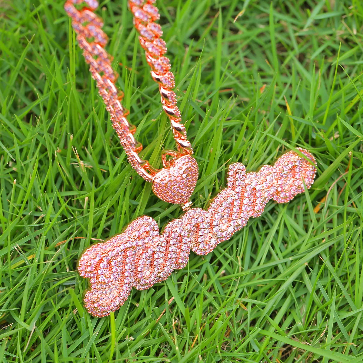 Bubble Letter Iced Custom Name Pendant Rose Gold Color Pink Stone Women Hip Hop Jewelry