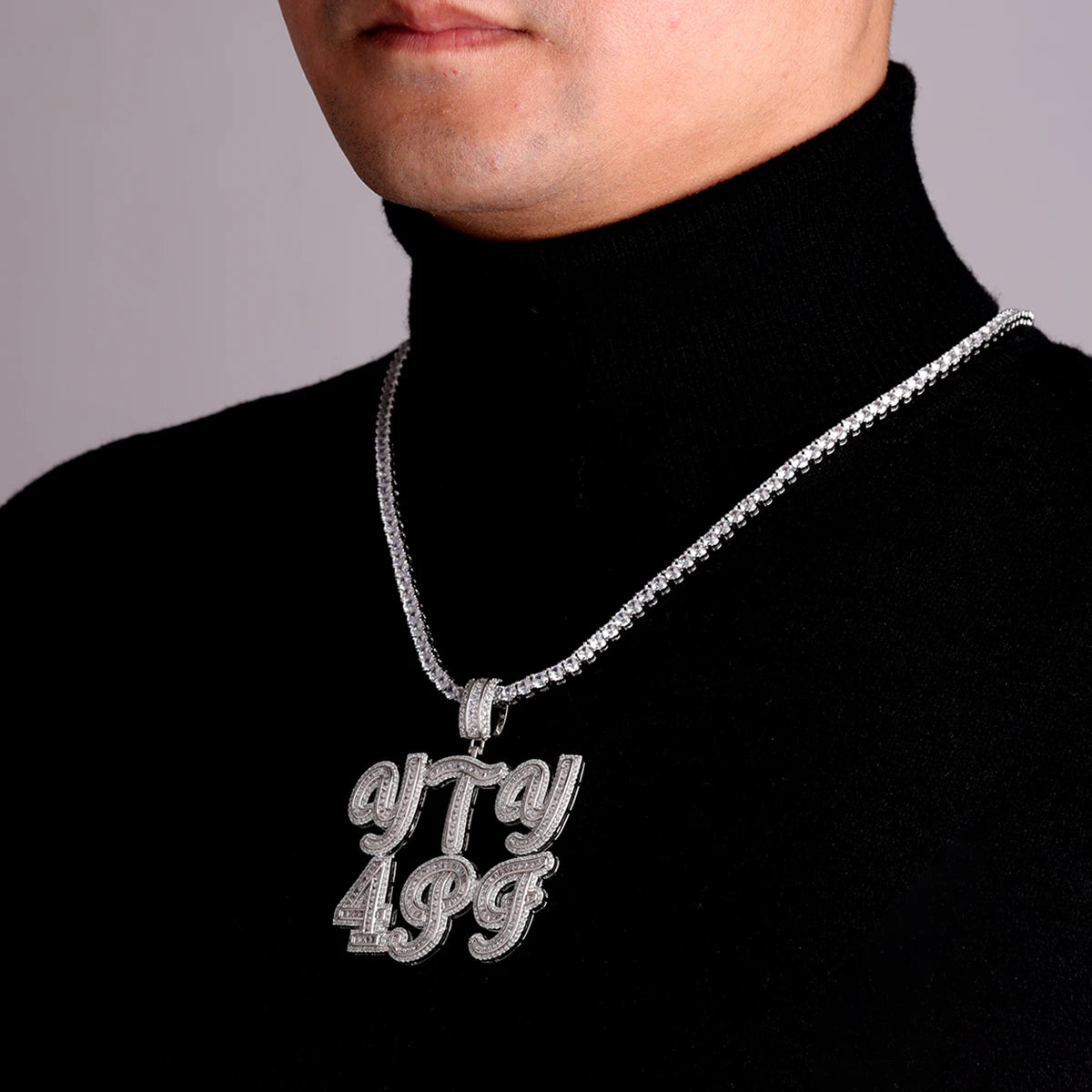 Bubble Letter Custom Name Necklace for Men Personalized Pendant Baguette Cursive Font Real Plated Jewelry Collares Hombre