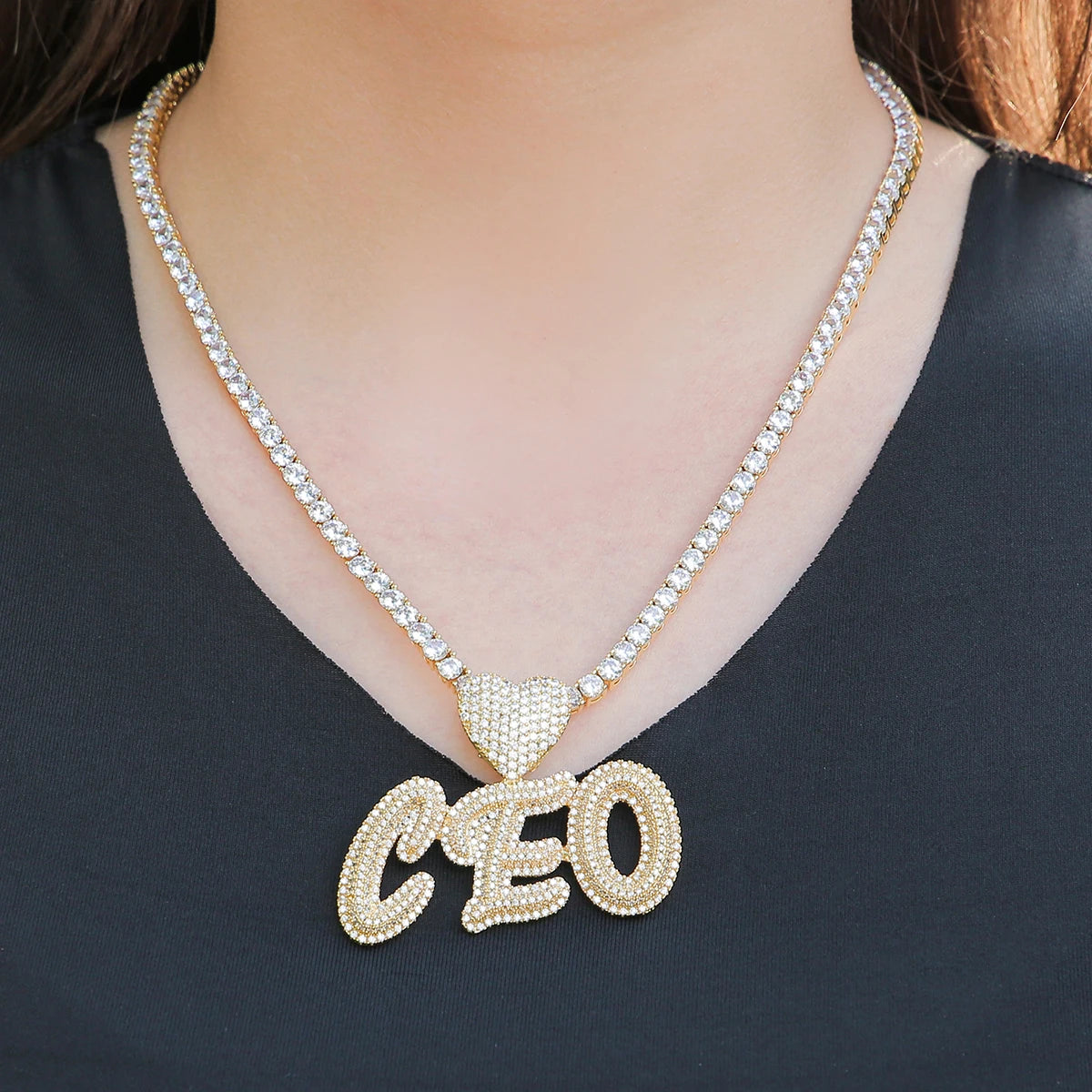 Bubble Letter Custom Name Necklace Personalized Pendant Gold Plated Cubic Zircon Hip Hop Rock Jewelry Iced Out Charms