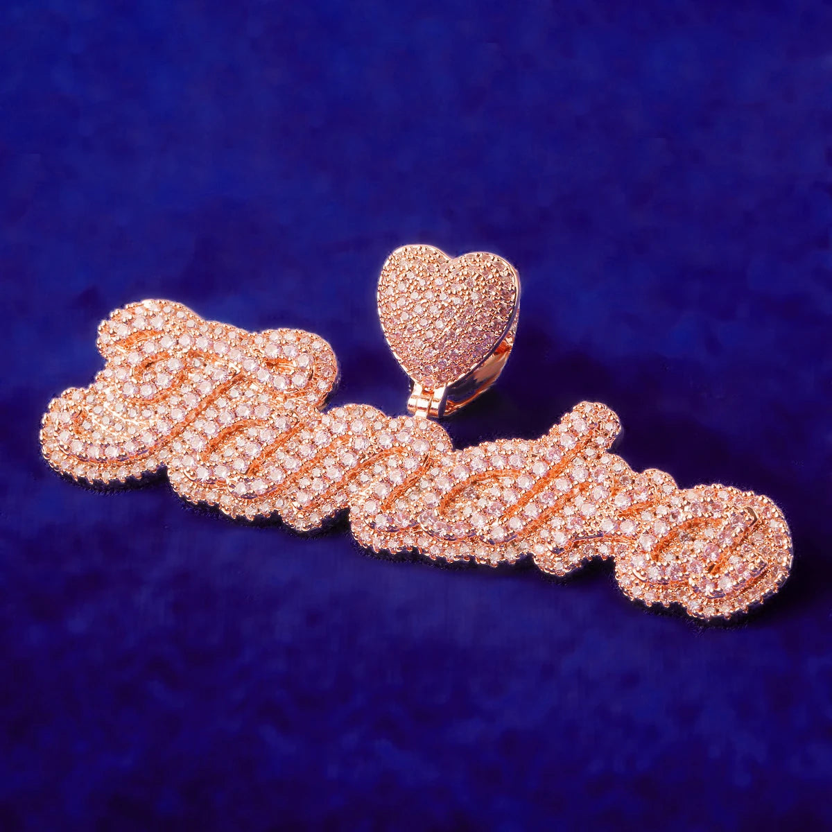 Bubble Letter Iced Custom Name Pendant Rose Gold Color Pink Stone Women Hip Hop Jewelry