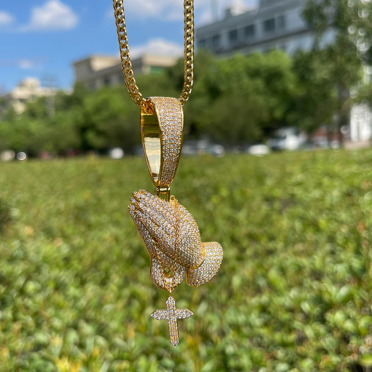 Bubble Letter Iced Out Pray Hands Cross Necklace for Men Real Gold Plated Cubic Zirconia Hip Hop Jewelry