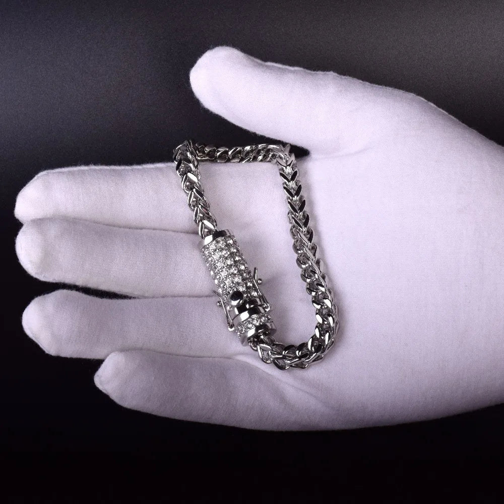 Bubble Letter Box Clasp Fox Franco Link Bracelet Men Stainless Steel Jewelry Rhinestone Filled Chain Hip hop Bracelet 21cm