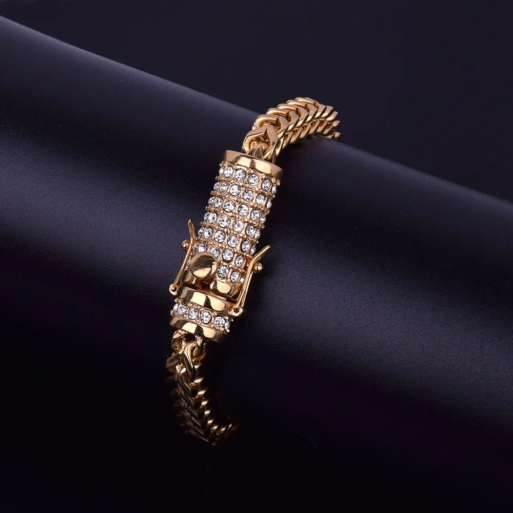 Bubble Letter Box Clasp Fox Franco Link Bracelet Men Stainless Steel Jewelry Rhinestone Filled Chain Hip hop Bracelet 21cm