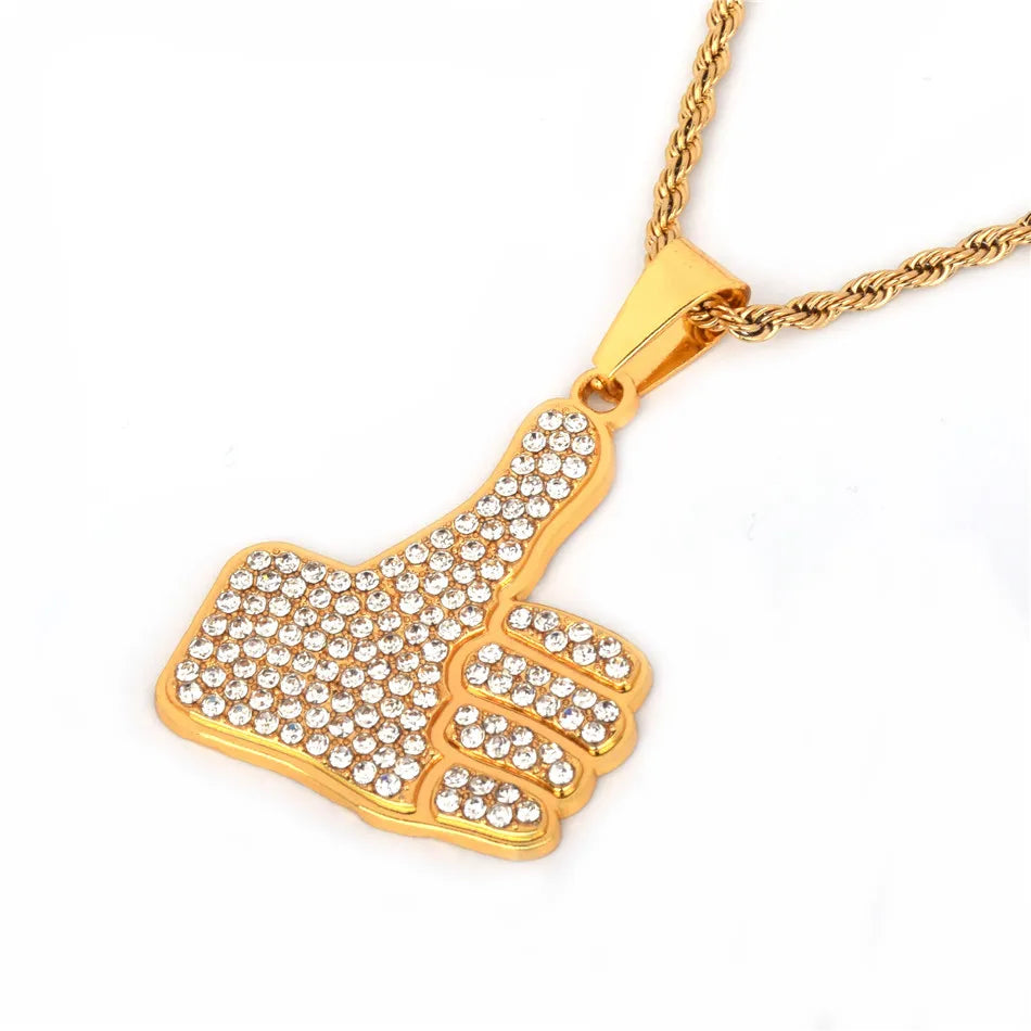 Personality Thumbs Pendant Necklace Charm Alloy Gold Color Iced Rhinestone BlingBling Men's Hip Hop Jewelry Chain