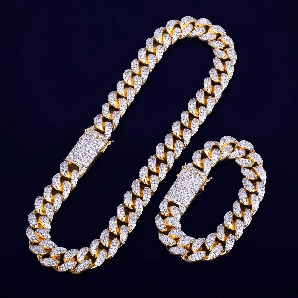 Cuban Chain Necklace Bracelet Jewelry Set Gold Color CZ Men's Hip Hop Rock Style