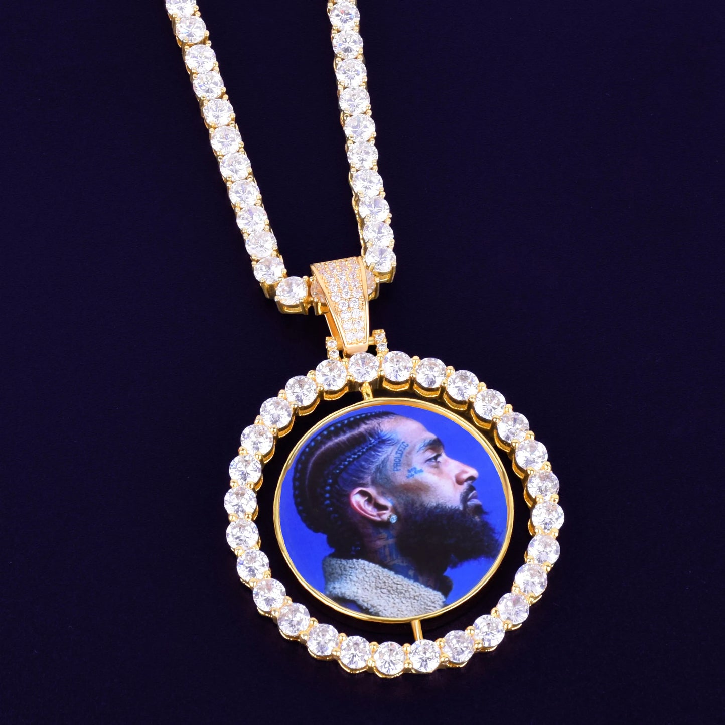 Bubble Letter Custom Photo Necklace for Men Rotating Double-Sided Medallions Spinning Pendant Hip Hop Jewelry