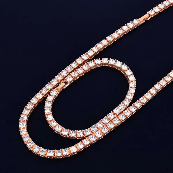 Bubble Letter 1 Row 5mm Tennis Necklace & Bracelet Set Gold Color Rhinestone Chain Choker Men's Hip Hop Street Rock Jewelry