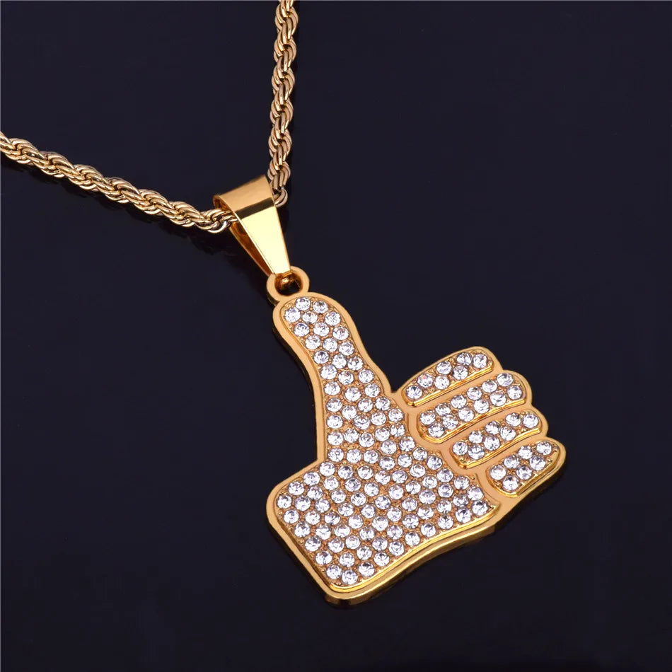 Personality Thumbs Pendant Necklace Charm Alloy Gold Color Iced Rhinestone BlingBling Men's Hip Hop Jewelry Chain