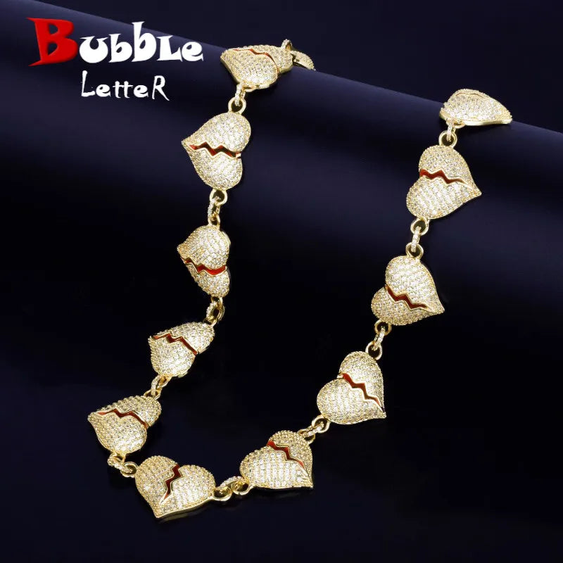 Bubble Letter Iced Out Broken Heart Cuban Link Chain for Men Necklace Choker Real Gold Plated Hip Hop Jewelry Free Shipping Item