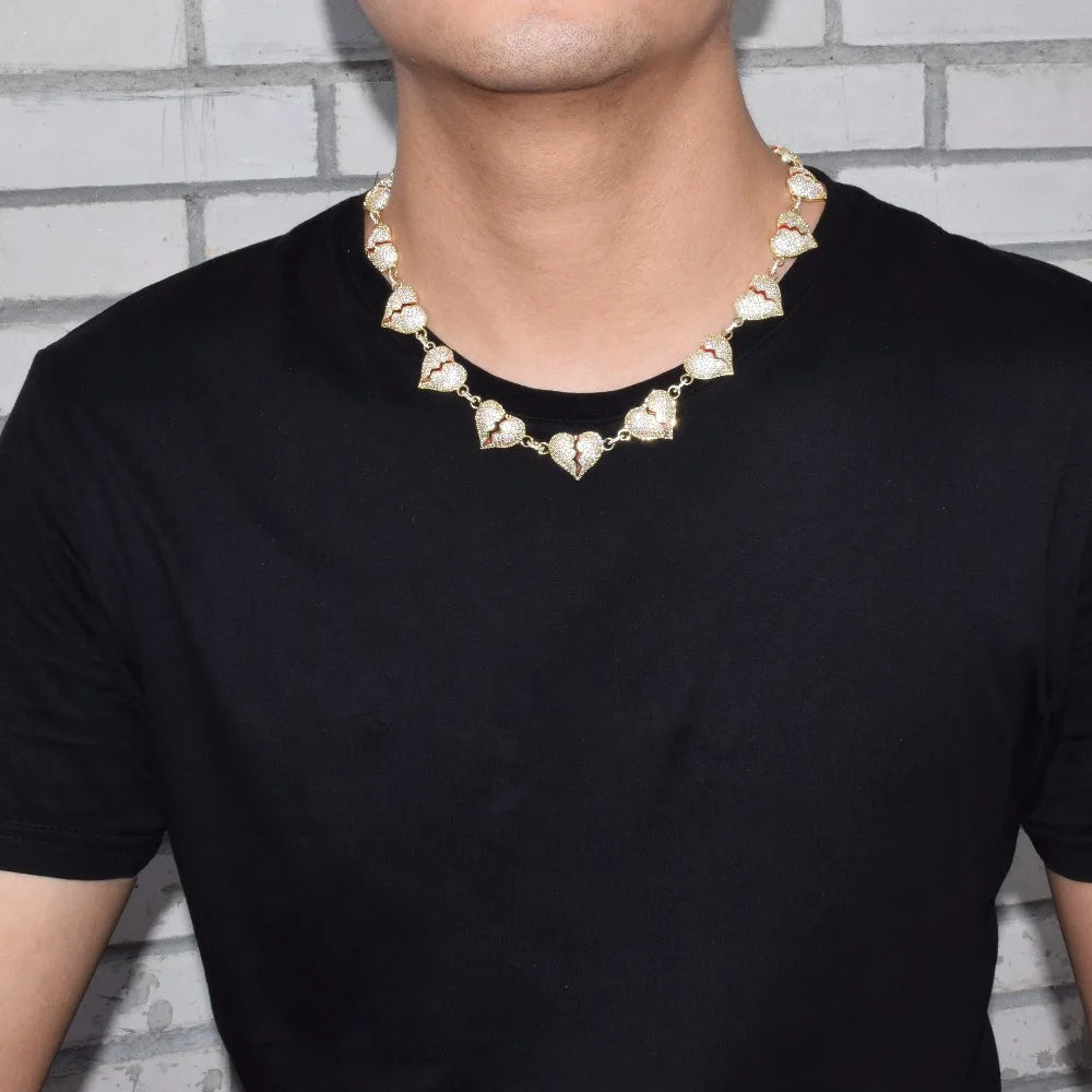 Bubble Letter Iced Out Broken Heart Cuban Link Chain for Men Necklace Choker Real Gold Plated Hip Hop Jewelry Free Shipping Item