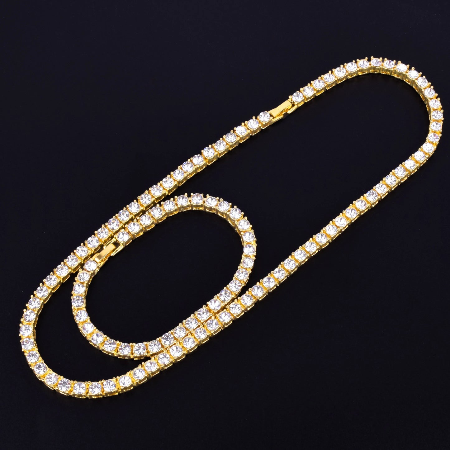 Bubble Letter 1 Row 5mm Tennis Necklace & Bracelet Set Gold Color Rhinestone Chain Choker Men's Hip Hop Street Rock Jewelry