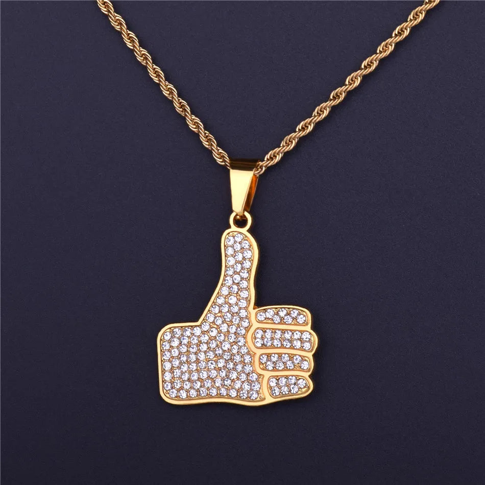 Personality Thumbs Pendant Necklace Charm Alloy Gold Color Iced Rhinestone BlingBling Men's Hip Hop Jewelry Chain