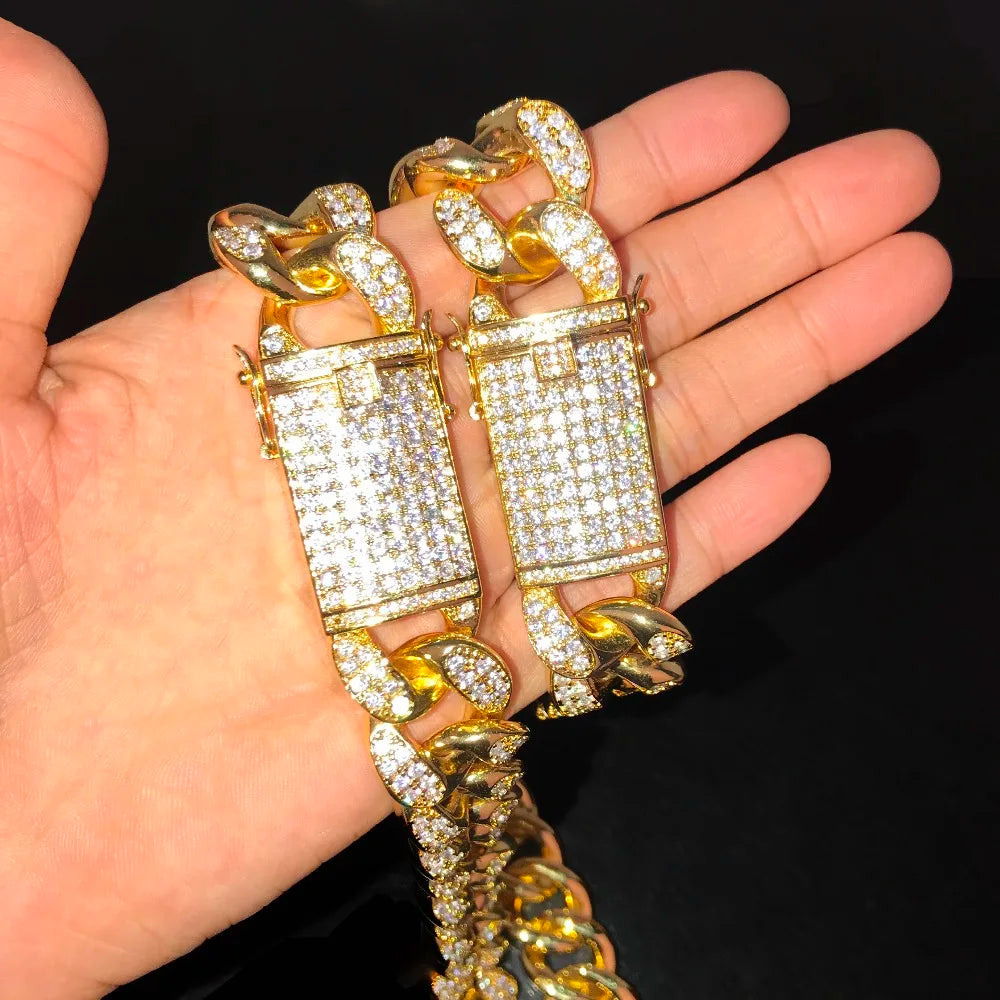 Cuban Chain Necklace Bracelet Jewelry Set Gold Color CZ Men's Hip Hop Rock Style